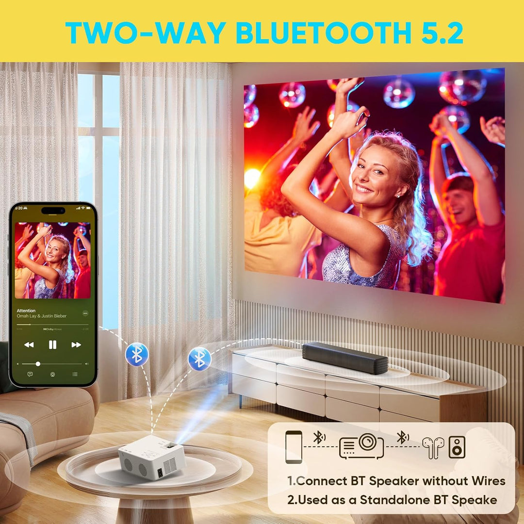 Beamer, Mini Beamer Bluetooth5.2 Full HD 1080P Tragbarer Outdoor/Heimkino Projektor, 50% Zoom 200-Zo