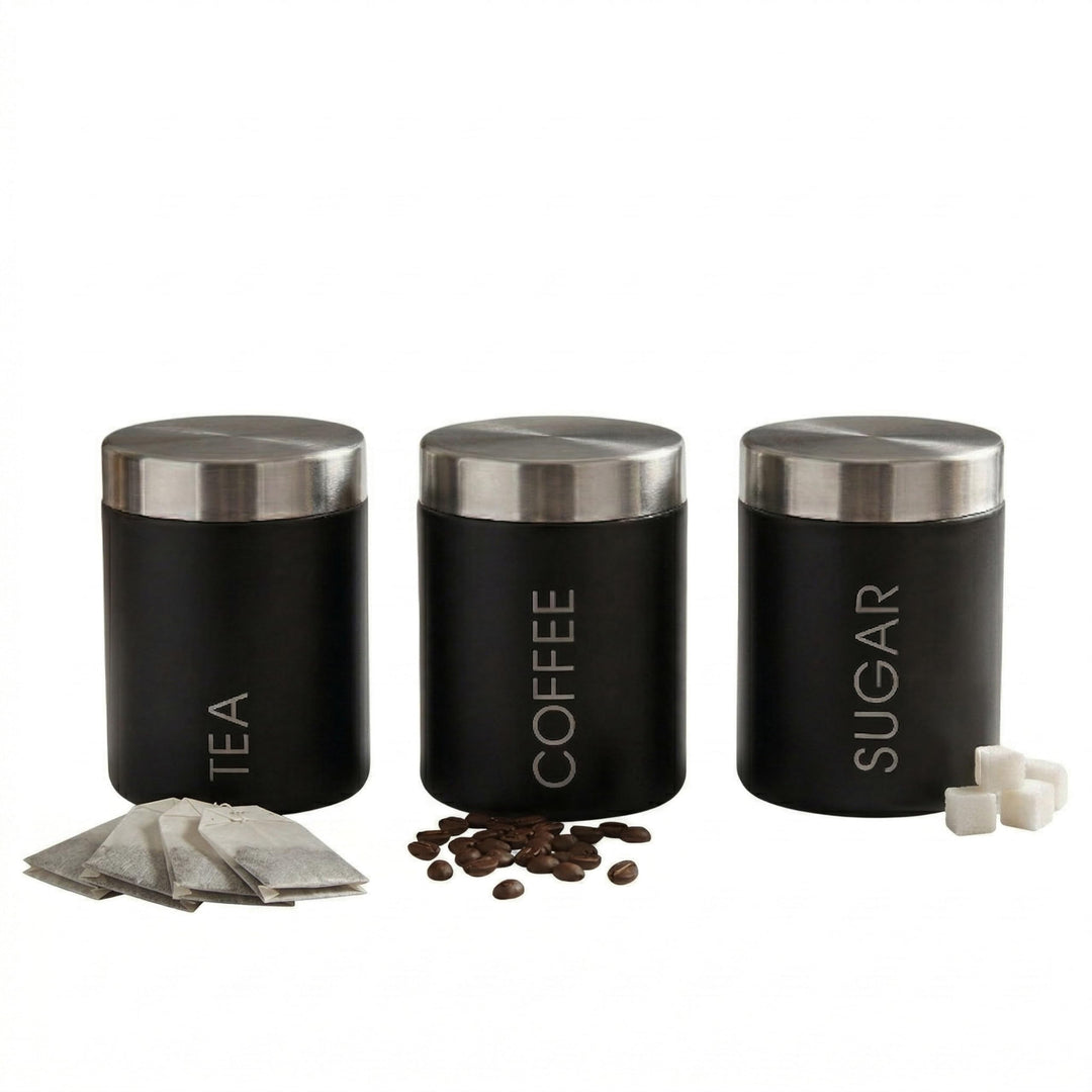 Premier Housewares Tea, Coffee and Sugar Set, Black Enamel, Satin Rostfreier Stahl Lids Liberty Beh&