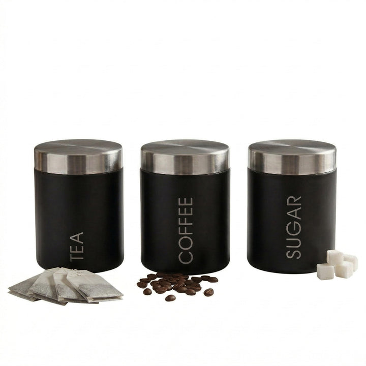 Premier Housewares Tea, Coffee and Sugar Set, Black Enamel, Satin Rostfreier Stahl Lids Liberty Beh&