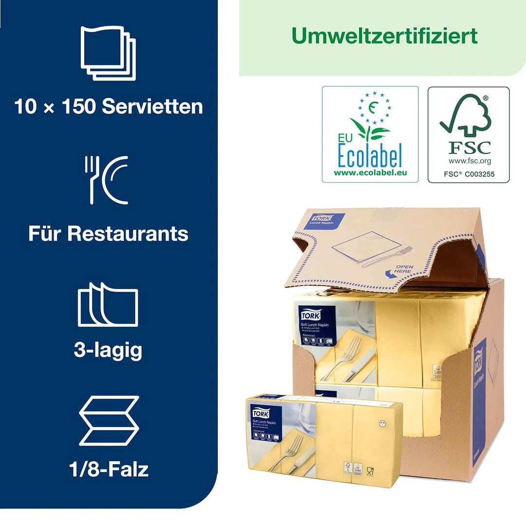 Tork 477882 Soft Lunchservietten Champagner 1/8 Falz / 3-lagige, vorgefaltete Servietten für kleine