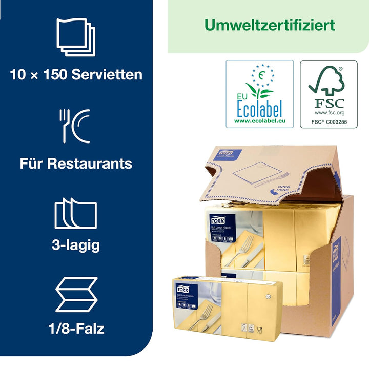 Tork 477882 Soft Lunchservietten Champagner 1/8 Falz / 3-lagige, vorgefaltete Servietten für kleine