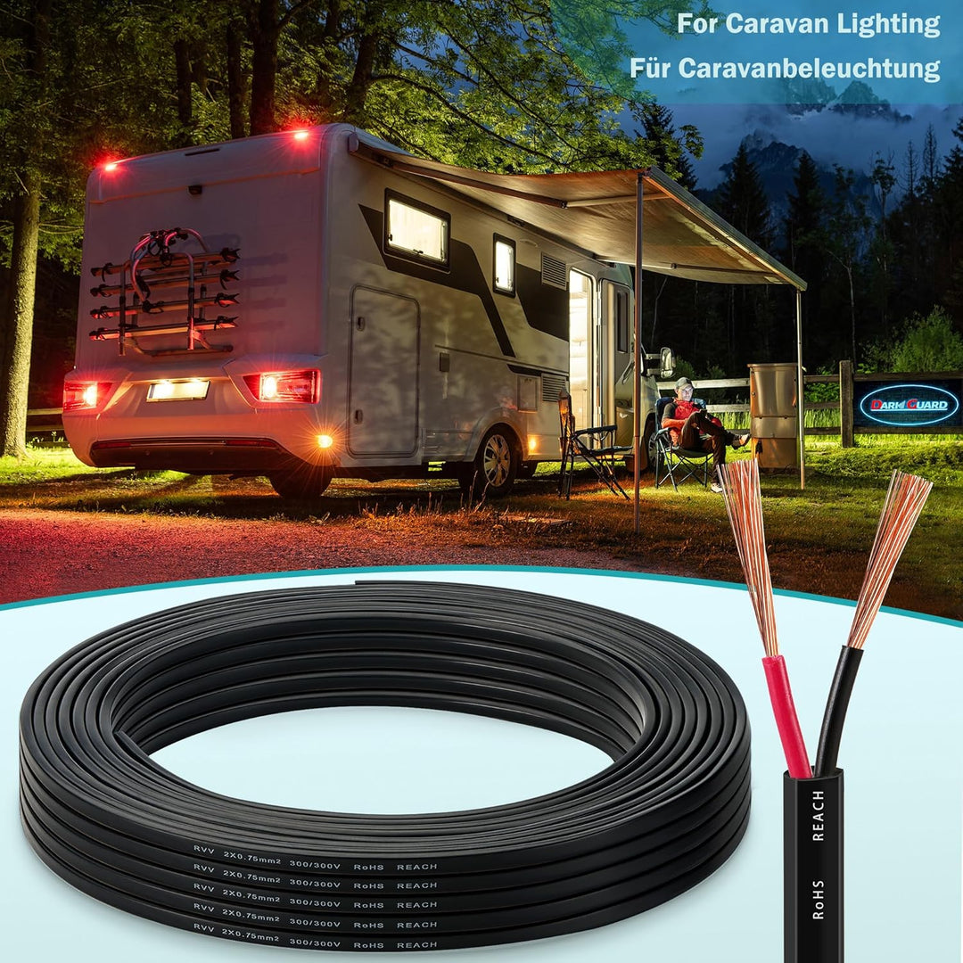 Anhängerkabel 2-adriges - 12V/24V LED-Rücklichter Verkabelung Kabel - 2x0,75mm² Kupfer KFZ Kabel für