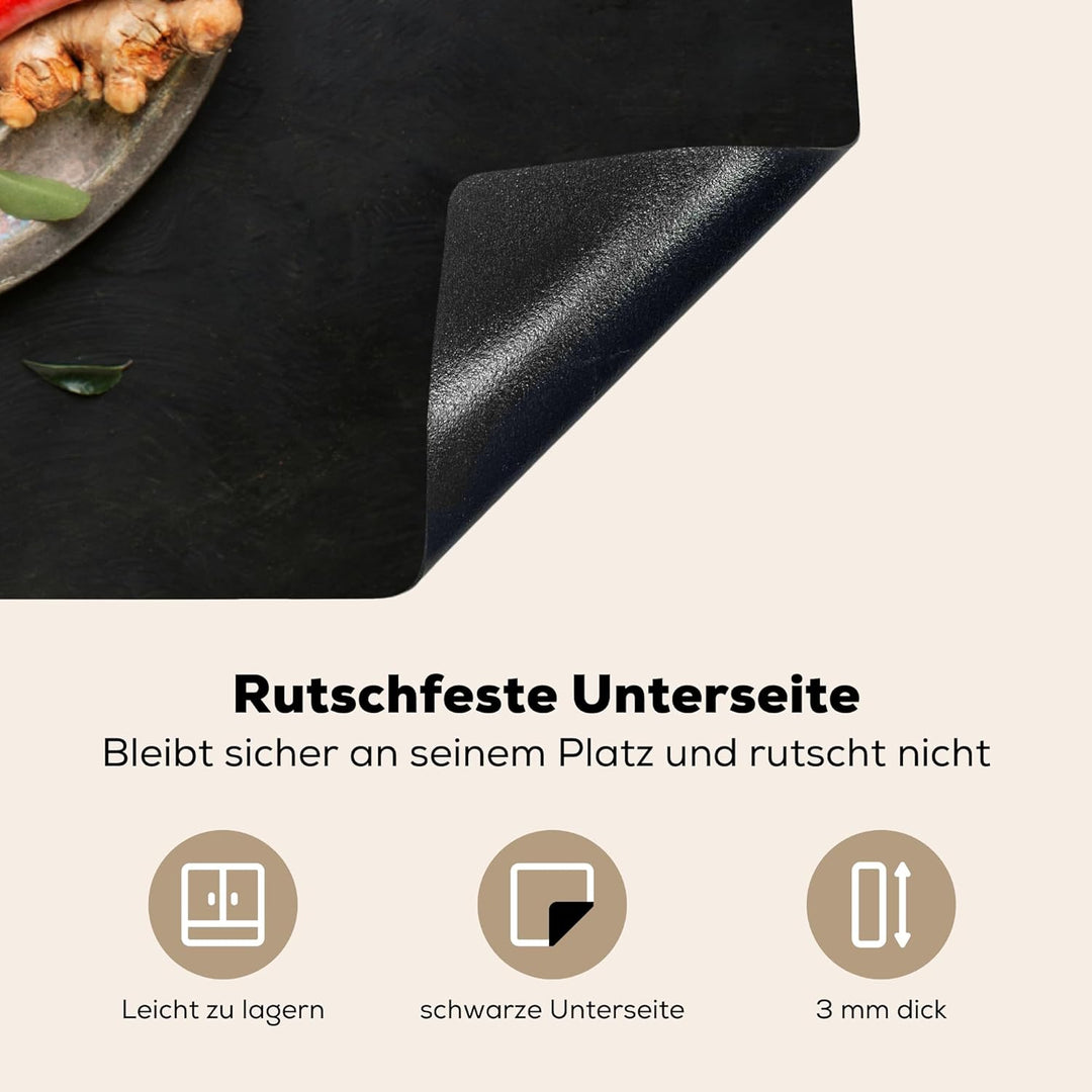 MuchoWow Herdabdeckplatte Ceranfeld Spritzschutz Küche Gewürze - Teller - Pfeffer - Schwarz - Löffel