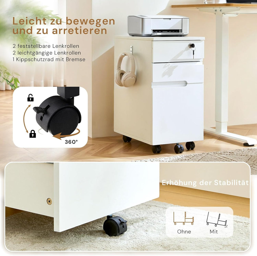CLIPOP Rollcontainer abschliessbar, 3 Schubladen, 5 Rollen，30*45*60cm Holz | Für A4/Letter, Hängereg