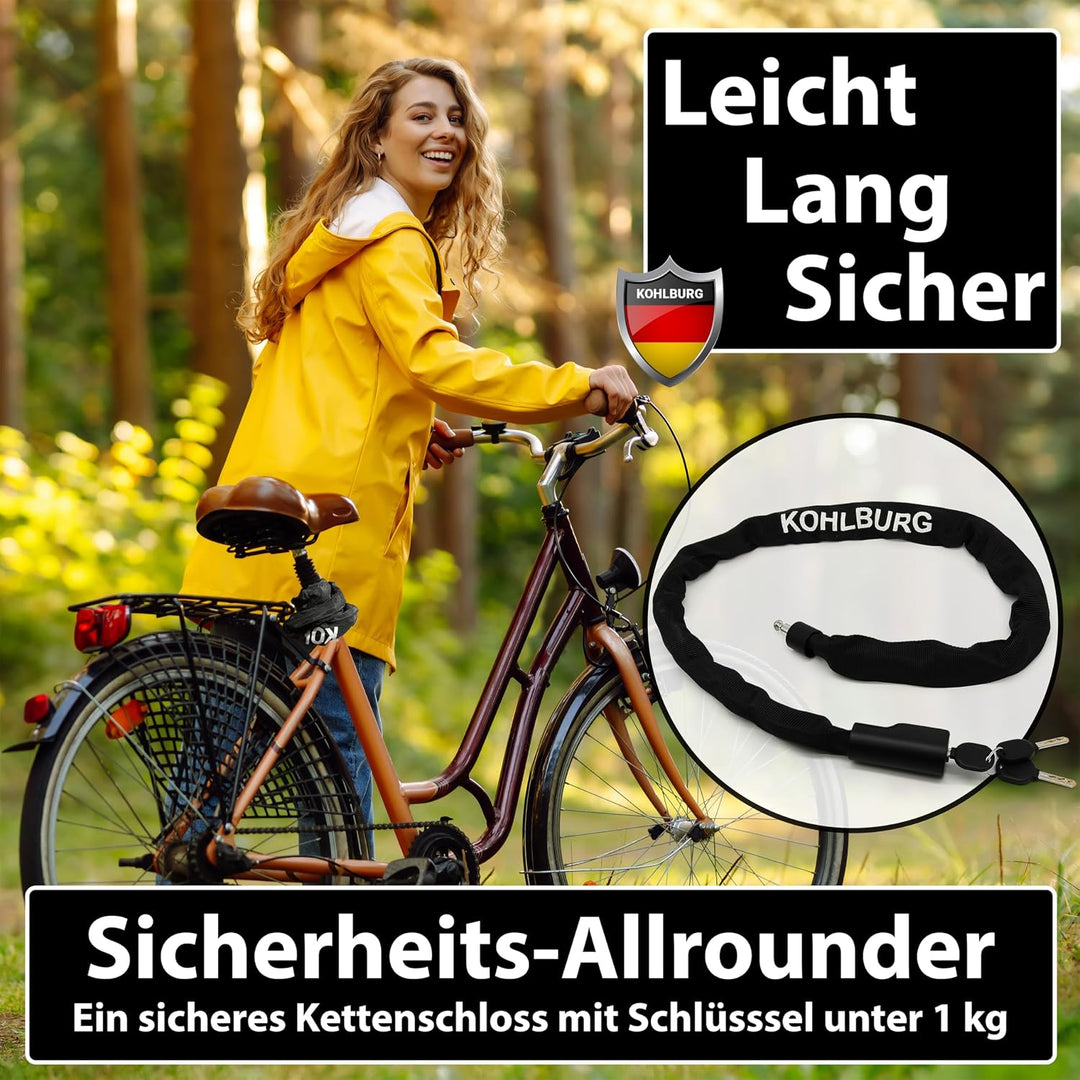 KOHLBURG Kettenschloss Fahrrad [103cm lang, 6mm starke Titan-Stahl Kette] - zuklickbares Fahrrad Sch