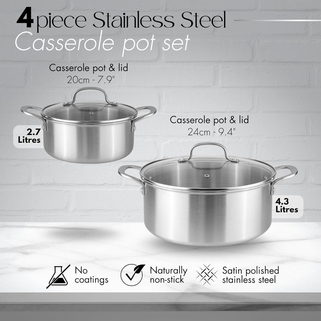 Edelstahl Kasserolle mit Deckel – Induktionskochfeld Kochtöpfe Set – Antihaft-Dutch Oven – 20 cm & 2