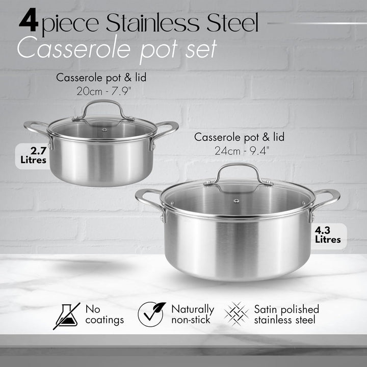 Edelstahl Kasserolle mit Deckel – Induktionskochfeld Kochtöpfe Set – Antihaft-Dutch Oven – 20 cm & 2