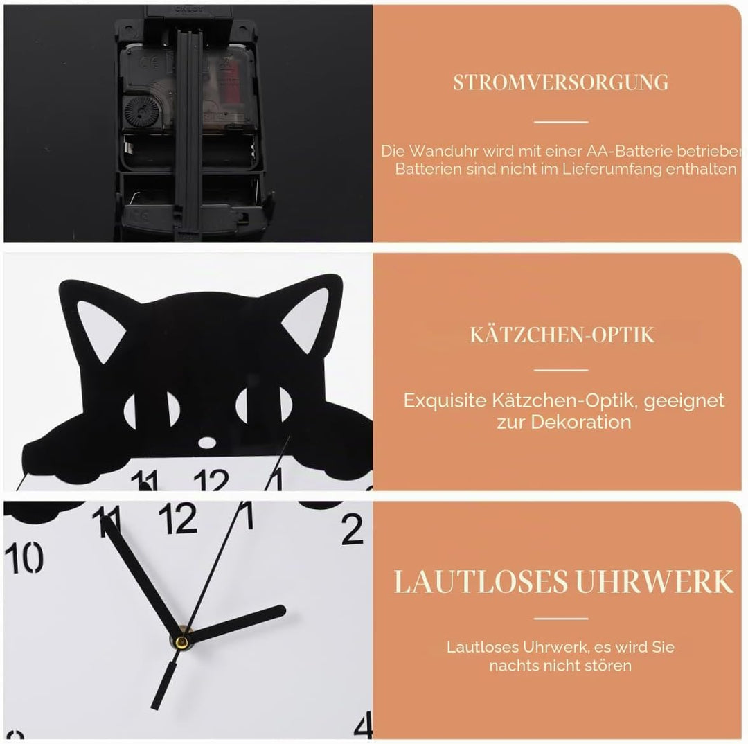HOMSFOU Wanduhr, rund, Katze, Kätzchen, geräuschlos, dekorative Wanduhr für Kinderzimmer, Schlafzimm
