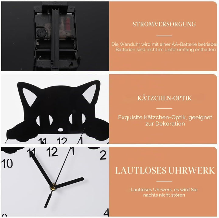 HOMSFOU Wanduhr, rund, Katze, Kätzchen, geräuschlos, dekorative Wanduhr für Kinderzimmer, Schlafzimm