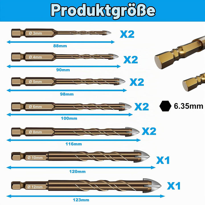 Fliesenbohrer Set 12 tlg, Glasbohrer Set Ø 3-12 mm, Universalbohrer Keramikbohrer mit Sechskantschaf