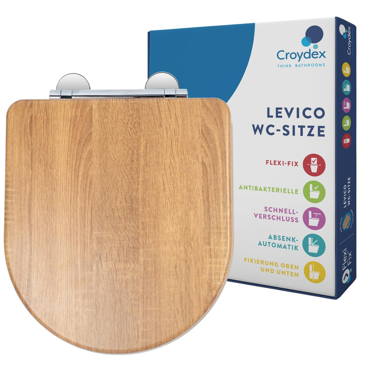Croydex WL610286H Levico Flexi Fix D-Form WC-Sitz mit Absenkautomatik und Schnellverschluss in Teak-