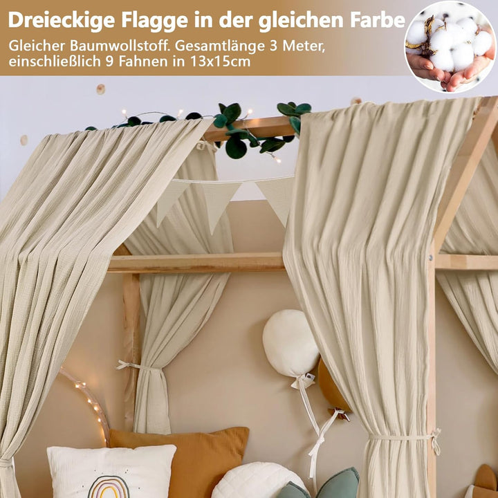 Alishomtll Hausbett Himmel Deko Set, 2 Betthimmel Hausbett aus 100% Baumwolle Musselin, 1 Wimpelkett