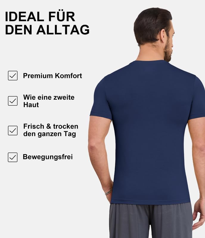 COLORFULLEAF 3/5er Pack Bambus Rundhals T-Shirt Herren Stretch Unterziehshirt Männer Einfarbig Busin