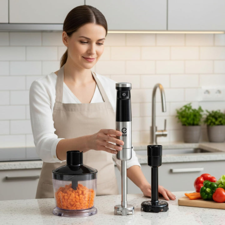 EUREL TRENDLine MP74 Stabmixer Set – Kabelloser Pürierstab mit 150W DC-Motor, 5 Geschwindigkeiten, S