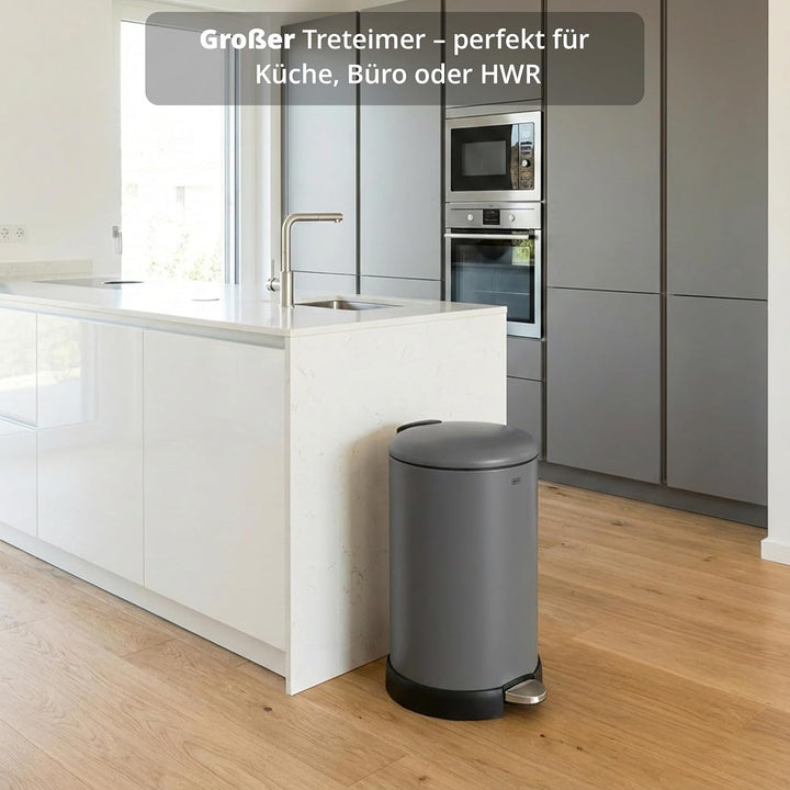 KHG Mülleimer 20 L Grau mit Softclose-Deckel & Tretfunktion - Pulverbeschichteter Metall-Abfalleimer
