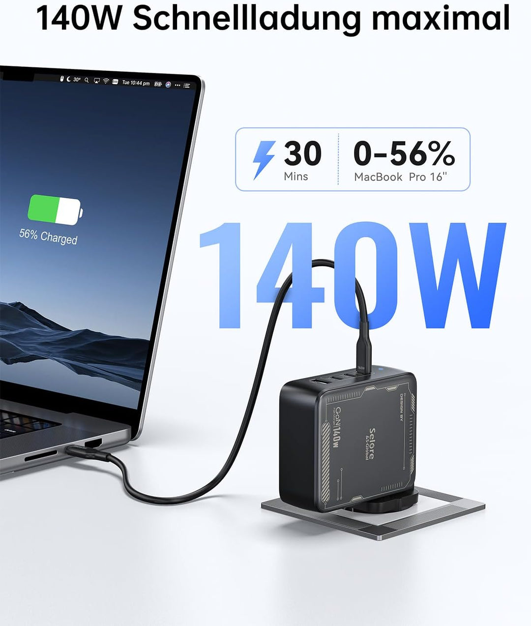 SELORE 140W USB C Ladegerät GaN 4-Port Schnellladegerät mit 2m 140W USB C auf USB C Kabel, PD 3.1 Ne