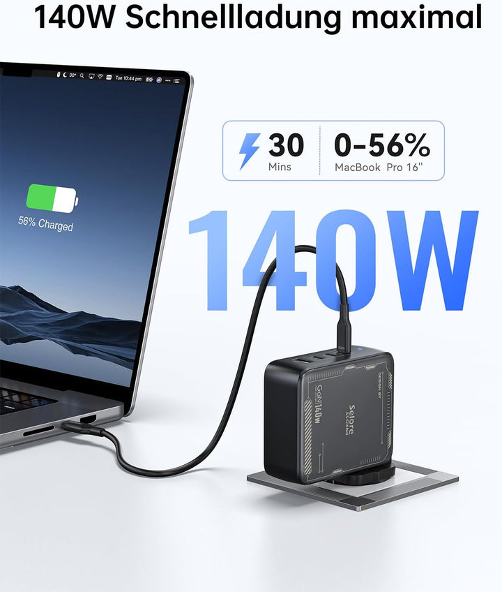 SELORE 140W USB C Ladegerät GaN 4-Port Schnellladegerät mit 2m 140W USB C auf USB C Kabel, PD 3.1 Ne
