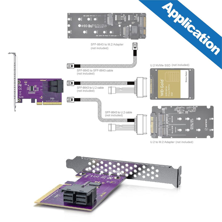 10Gtek® PCIe 3.0 X8 zu SFF-8643 Adapter für U.2 SSD, X8, (2) SFF-8643, mit Low-Profile Bracket, Supp