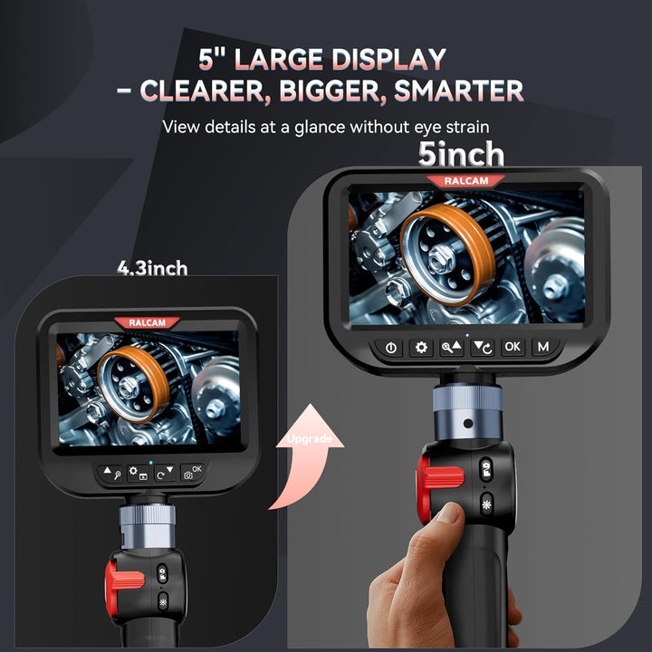 Ralcam Endoskopkamera mit Licht, Endoscope Camera mit 210° beweglichem Kopf, 3.0mm Sonde, 5" HD Bild