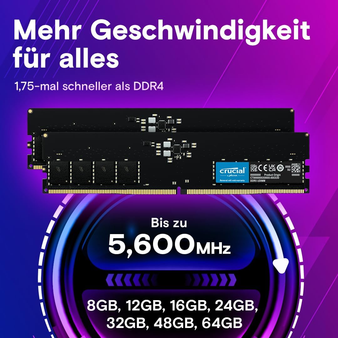 Crucial RAM 8GB DDR5 5600MHz (oder 5200MHz oder 4800MHz) Desktop Arbeitsspeicher CT8G56C46U5 8GB 560