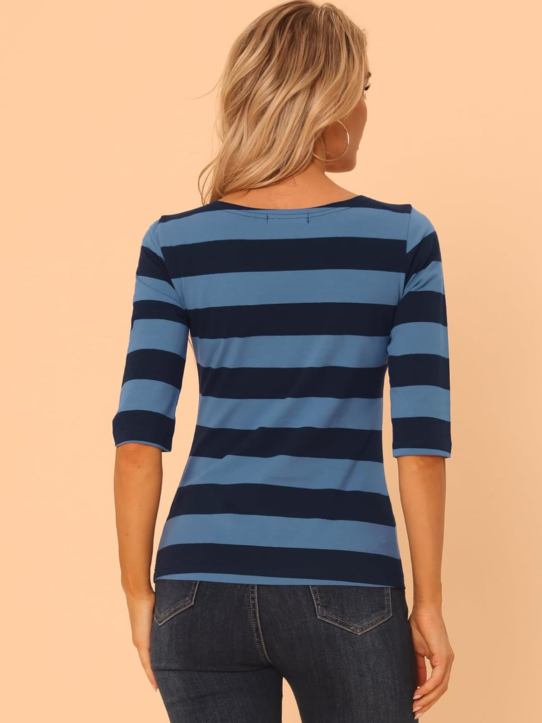 Allegra K Damen Gestreiftes Shirt U Boot Ausschnitt Halbarm Party Ferien Streifen Top Bluse S Blau D