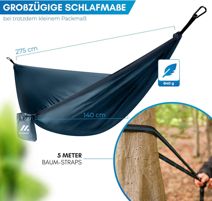 NORDMUT® Ultraleichte Hängematte Outdoor [mit Befestigungs-Set] Camping Hängematte inkl. Baumschutz-