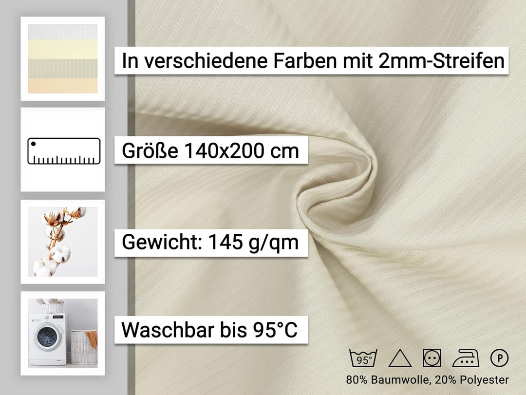 ZOLLNER Bettwäschegarnitur 80% Baumwolle, 20% Polyester, 80x80 cm + 140x200 cm, Grau 2 mm Elfenbein,
