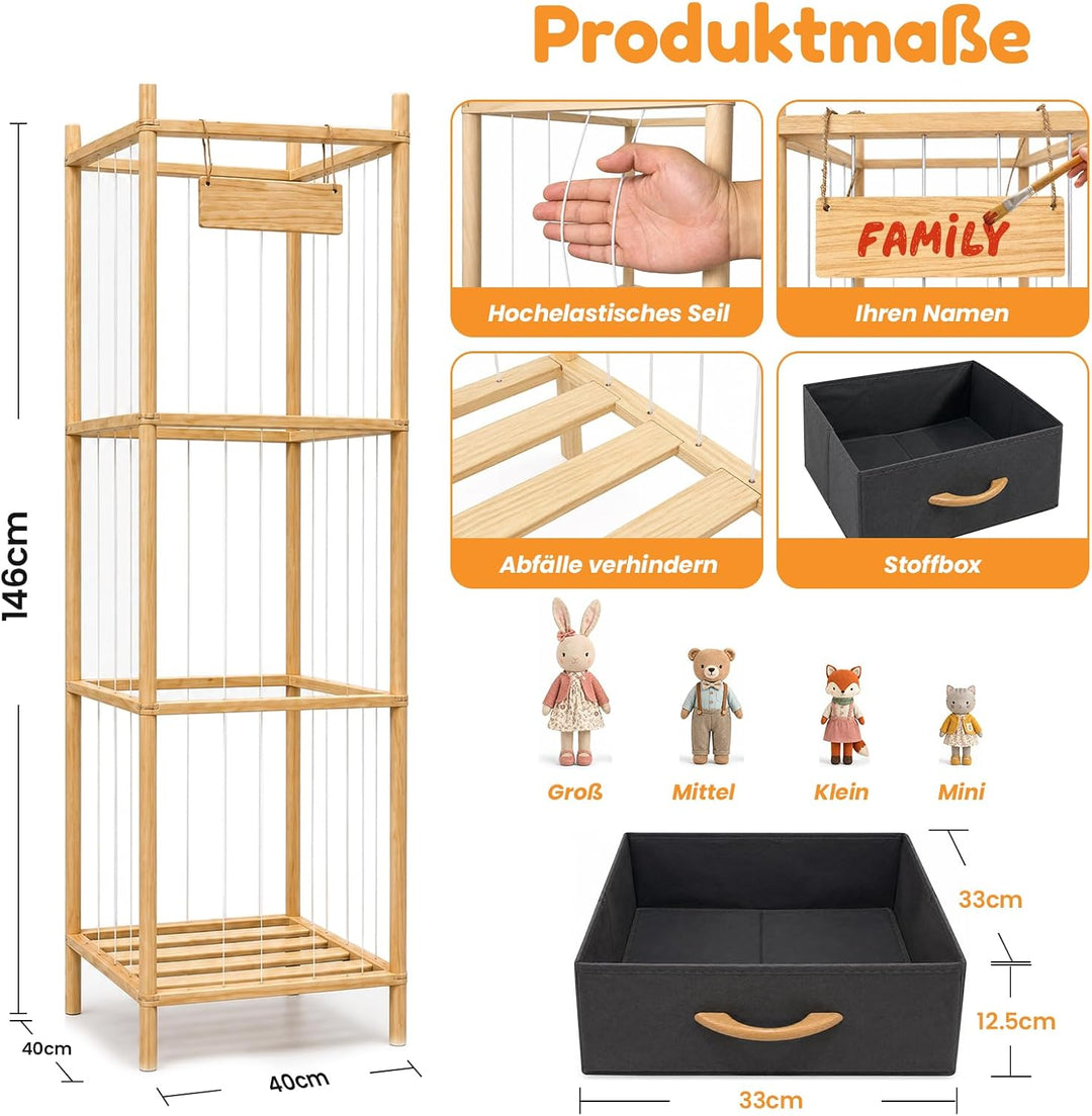 Kuscheltier Aufbewahrung mit Stoffschubladen – Holz Stofftier Regal mit Zoo Design, 146×40×40 cm Plü