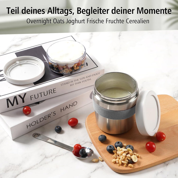 Edelstahl Müslibecher to go mit Löffel, Joghurtbecher to go 720ml | Doppelwandiger Vakuum-Isolier Jo