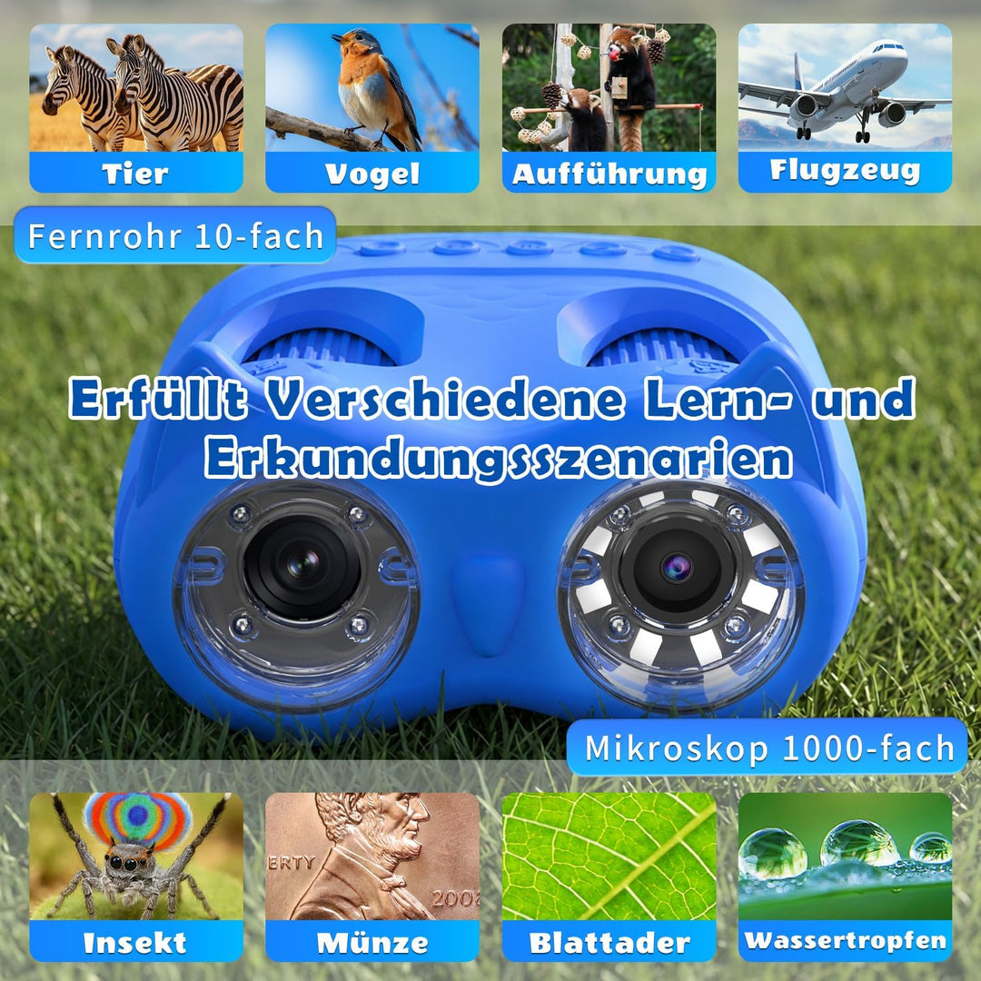 2 in 1 Digitales Kindermikroskop und Fernglas Kinder, 2,0" IPS HD Taschenmikroskop, 10x Vergrösserun