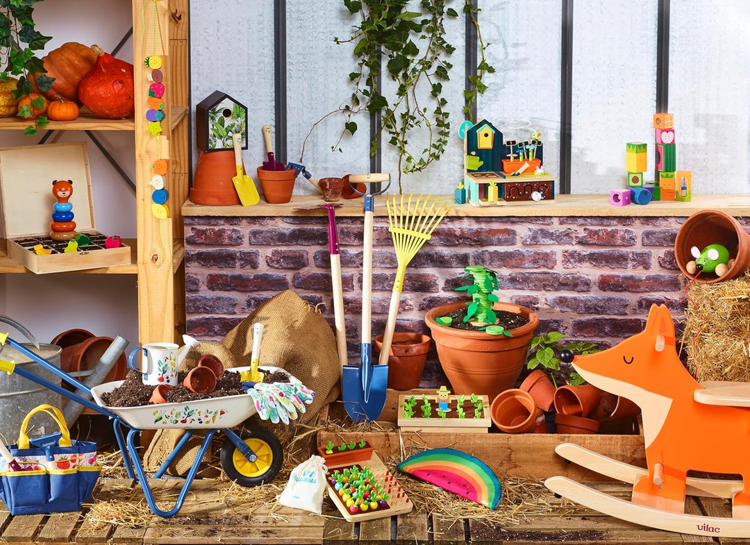 Vilac 3804G Pflanzgefäss-Set für Blumenkübel und Rechen aus Holz und Metall + Aufbewahrungstasche, i