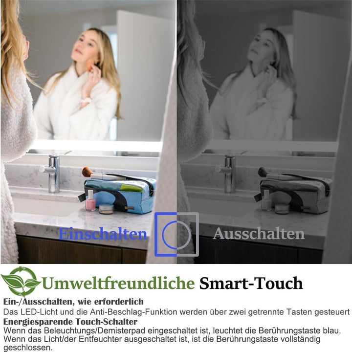 Badspiegel mit Beleuchtung Rund LED Spiegel Bad mit Touch-Schalter Beschlagfrei Badezimmerspiegel Be