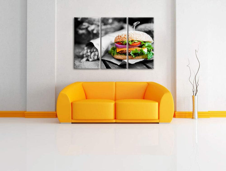 perfekter Burger mit Pommes schwarz/weiss 3-Teiler Leinwandbild 120x80 Bild auf Leinwand, XXL riesig