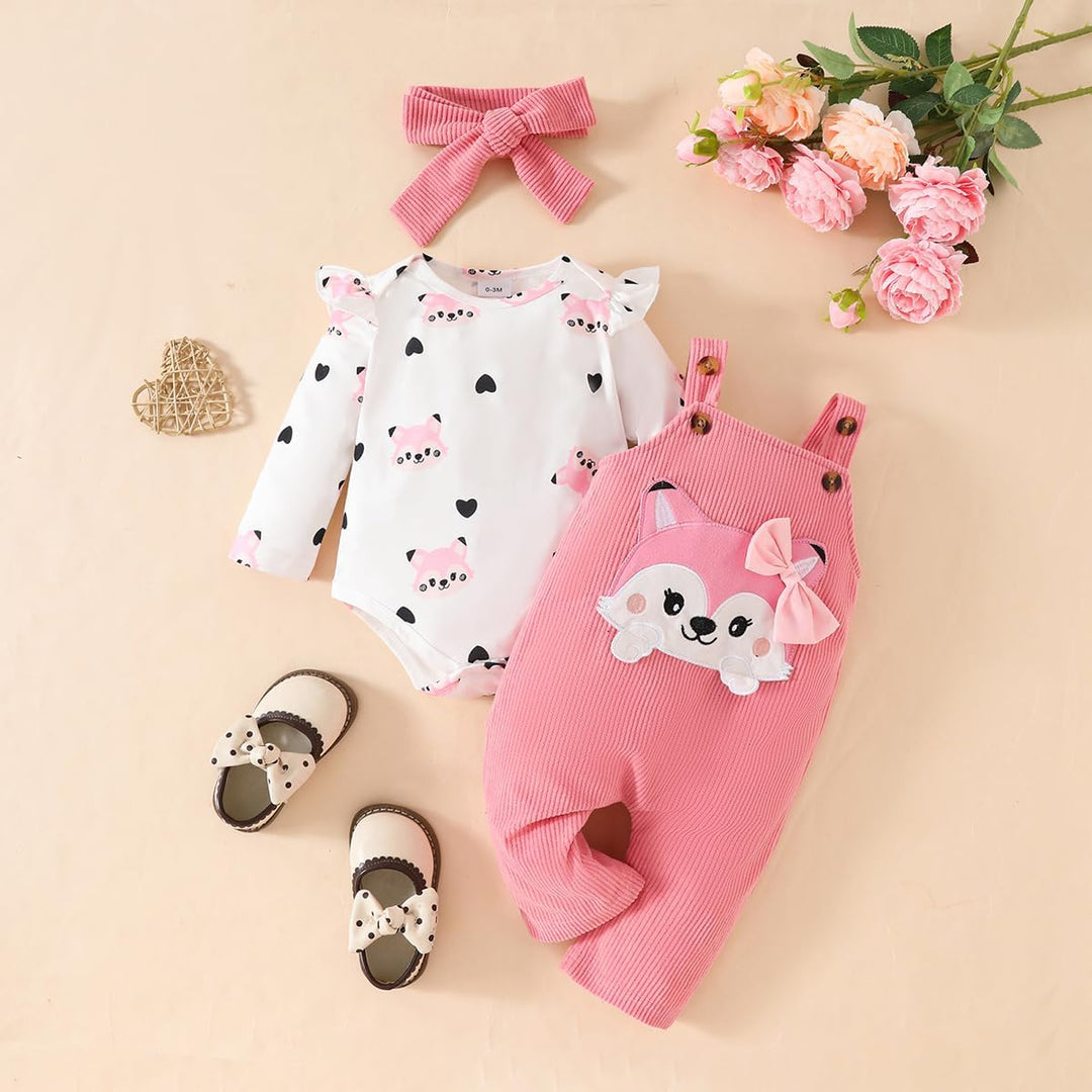3tlg Baby Mädchen Kleidung Outfits Set Blumen Strampler Tops+ Einstellbare Overalls Pants+Stirnband