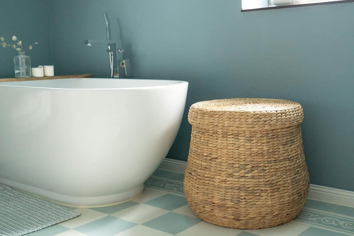 Decorasian Wäschekorb geflochten mit Deckel - gross und rund – grosser Korb aus Wasserhyazinthe mit