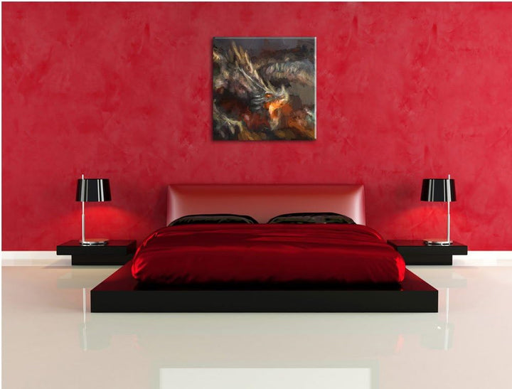Pixxprint Kampf zwischen Mensch und Drache Pinsel Effekt, Format: 70x70 auf Leinwand, 70x70
