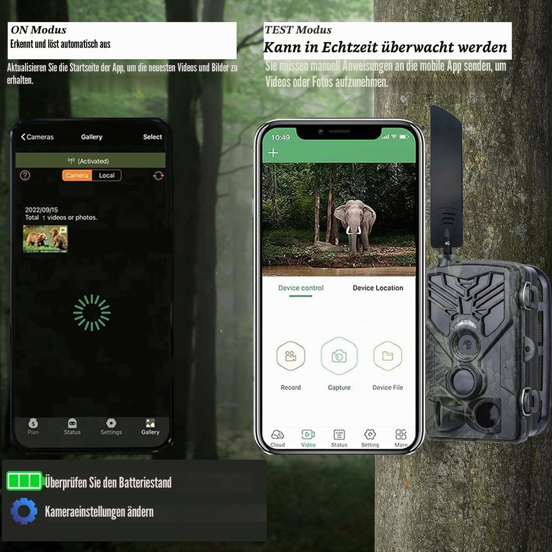 RecorCam Wildkamera 4G APP, 120 MP 4K, Wildtierkamera mit SIM-Karte, Telefon-Sende-Foto, Nachtsichtk