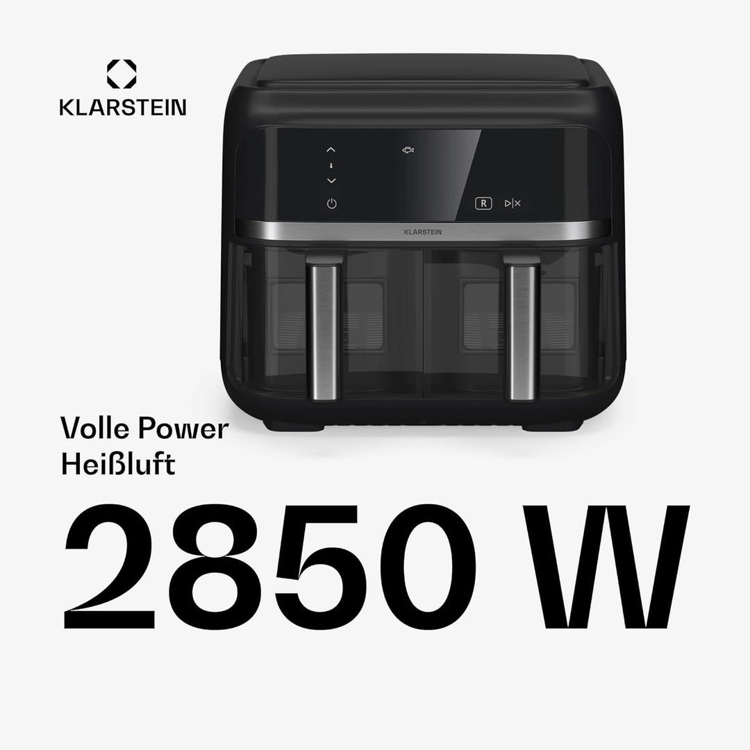 Klarstein Heissluftfritteuse, Airfryer mit 2 Kammern, 2850W Kompakte Heissluftfritteuse, 7,6L Luft-F