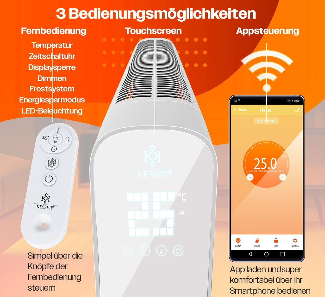 KESSER® Konvektor Premium 1200W ECO 2400W Power Mode Heizstufen Thermostat Elektroheizung WiFi App &