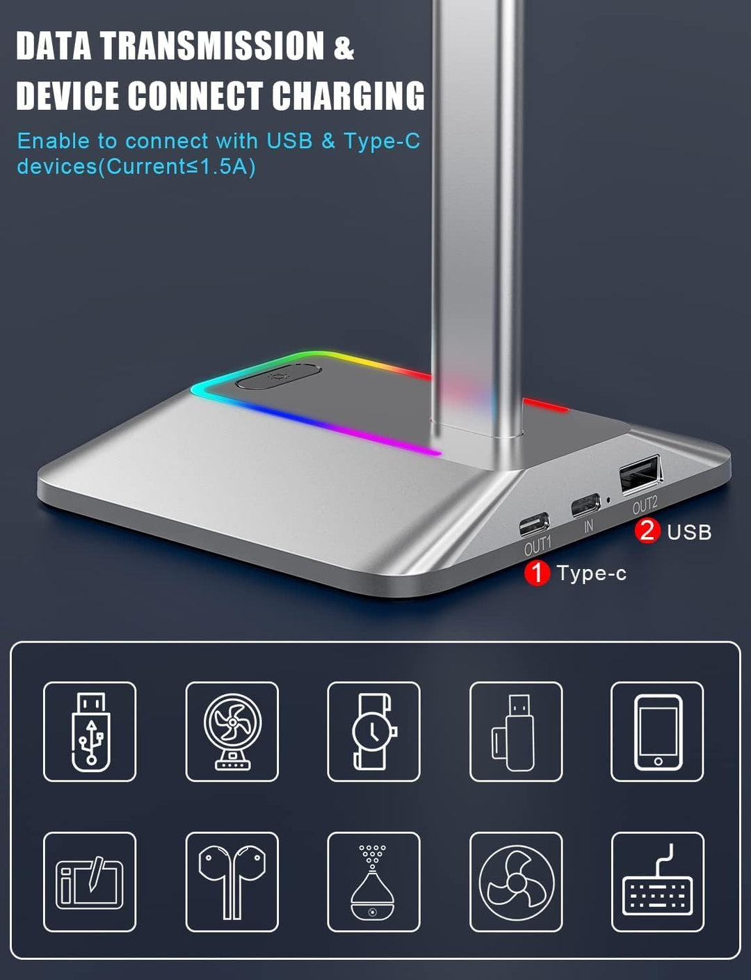 New bee Kopfhörer Ständer RGB Headset Halterung mit USB Typ-C Ladegeräten und Datenübertragung Unive