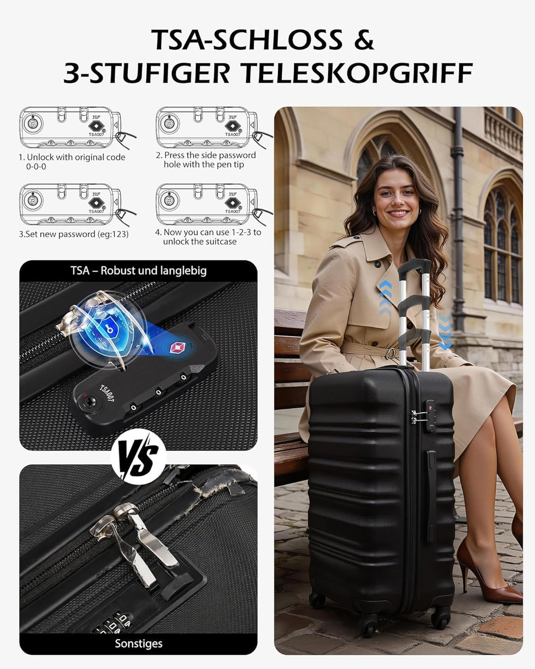 COOLIFE Hartschalen-Koffer Trolley Rollkoffer Reisekoffer mit TSA-Schloss und 4 Rollen (Schwarz, Kof