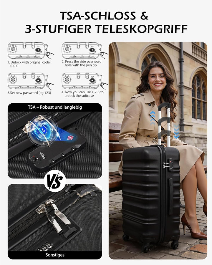 COOLIFE Hartschalen-Koffer Trolley Rollkoffer Reisekoffer mit TSA-Schloss und 4 Rollen (Schwarz, Kof