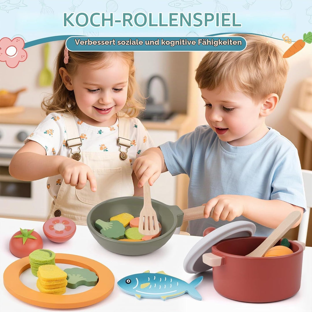 Kinderküche Zubehör aus Holz - Spielküche Zubehör, Spielzeug ab 3 Jahre, Holzspielzeug mit Töpfe &amp; K