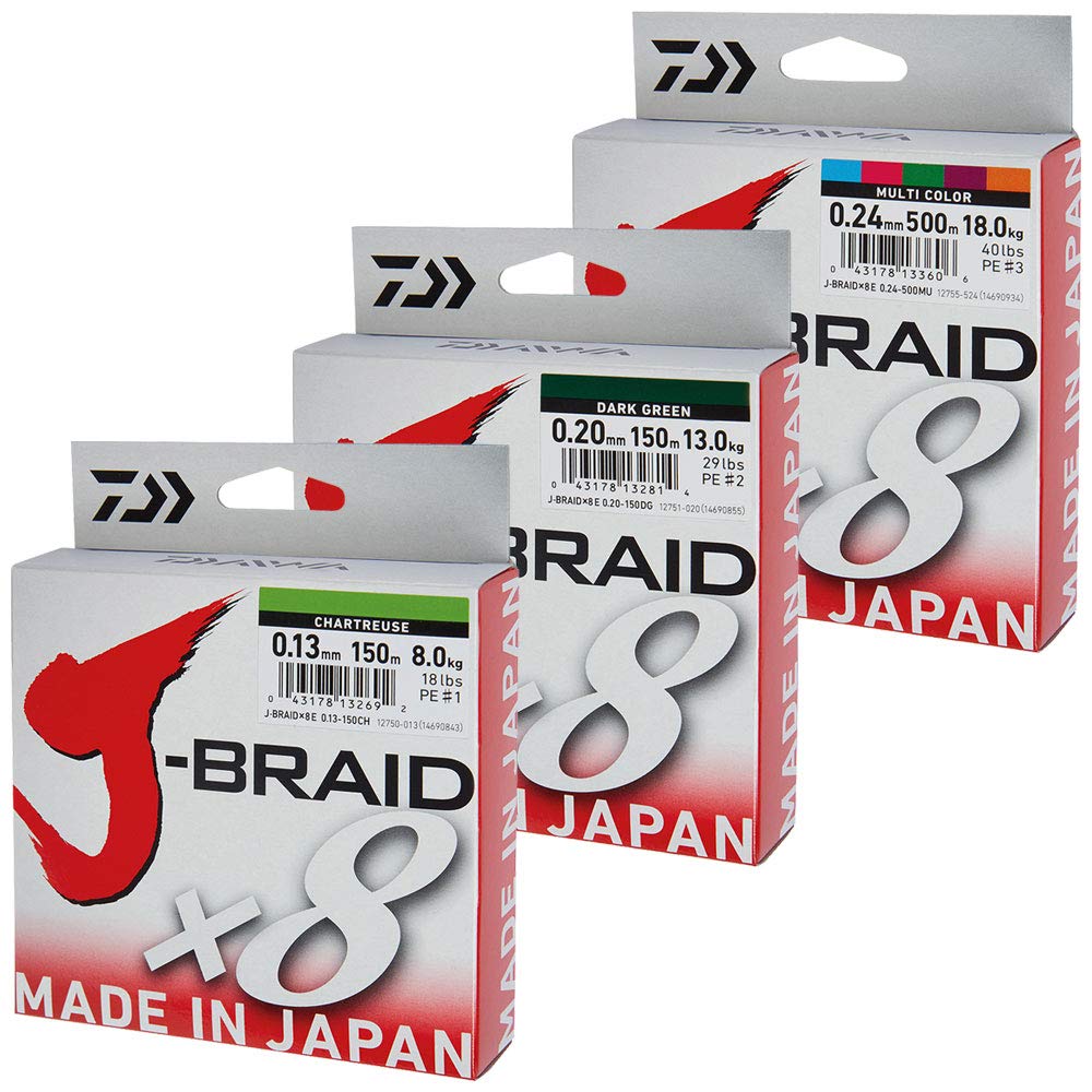 Daiwa J-Braid 8 Braid 300m Multicolor - geflochtene Angelschnur Dm: 0,18mm, Dm: 0,18mm