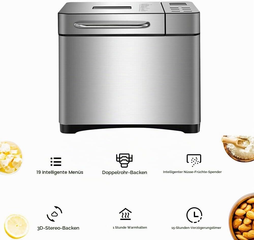 Brotbackautomaten 19 IN 1, Edelstahl Brotbackautomaten mit Digital Touch Panel, 650W Brotbackmaschin
