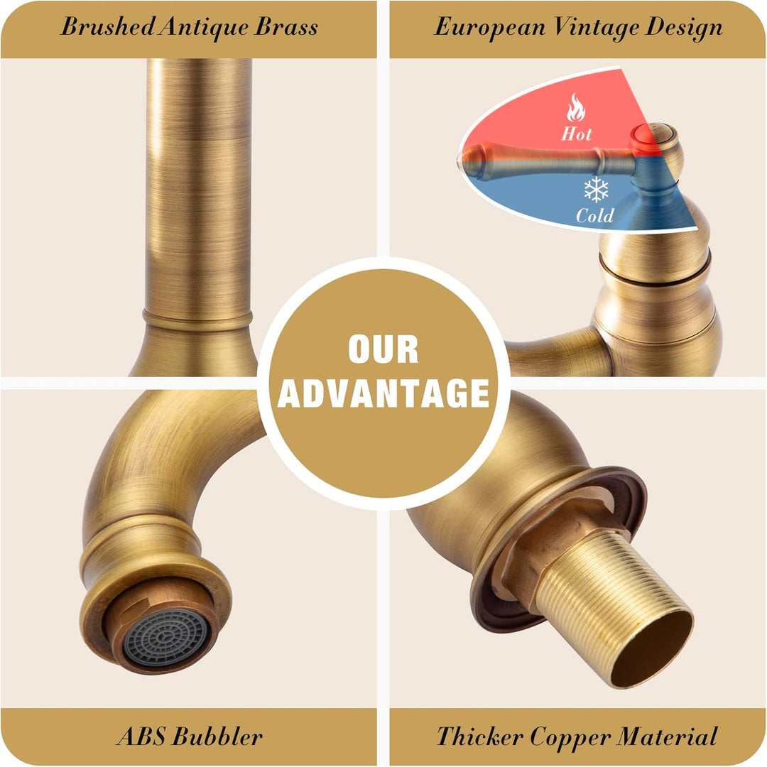 ROWINNAO Wasserhahn Bad Hoch Antikes Messing, Retro Gold Waschtischarmatur Hoch, 360° Schwenkbar Ein