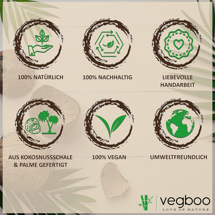 vegboo® Kokosnuss Schalen Set – 4er Set (14-teilig) mit Löffeln, Untersetzern & Jutebeutel – Handgef