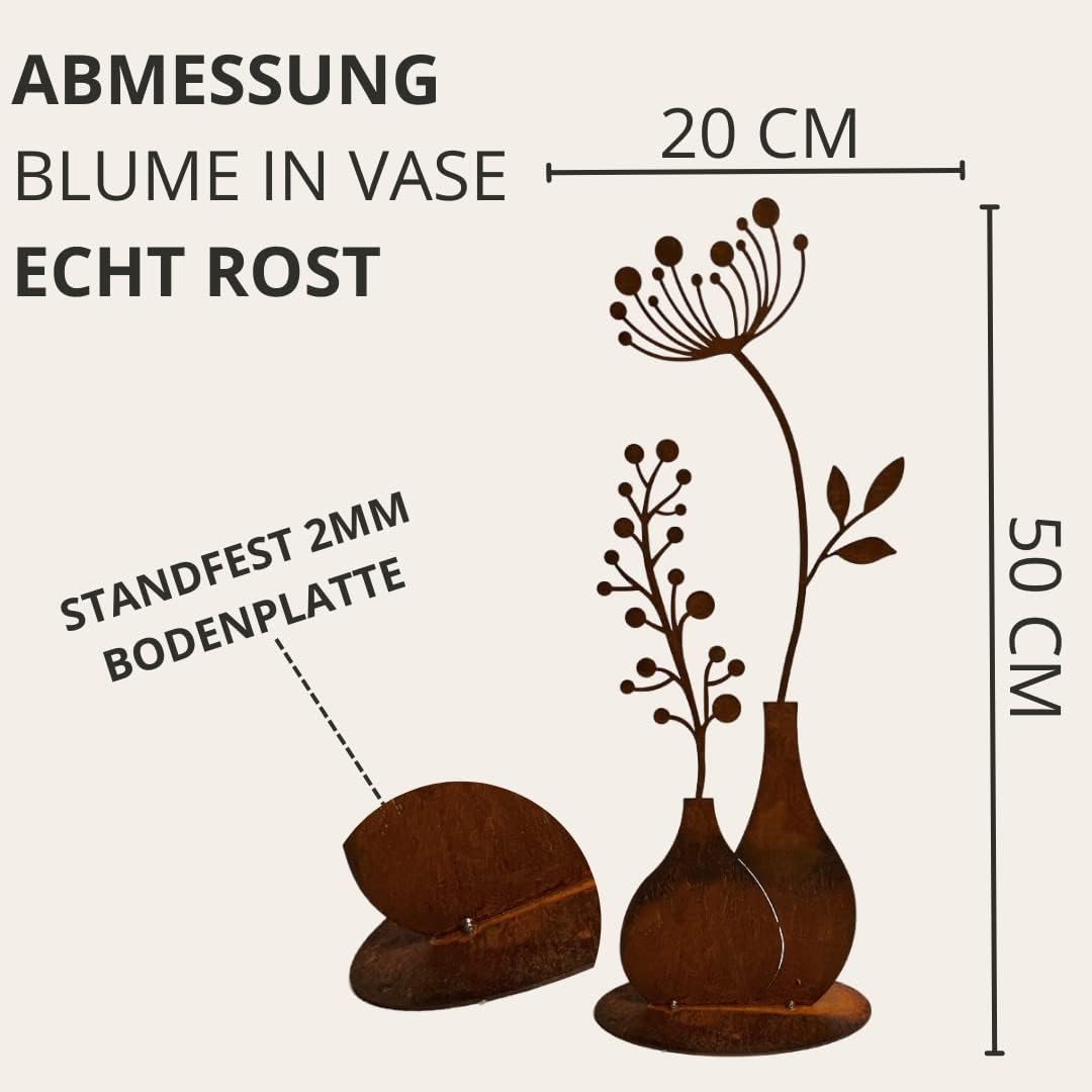 Terma Stahldesign Rost Figur Blume in Vase 50cm Pusteblume Gartendeko für draussen und drinnen Garte
