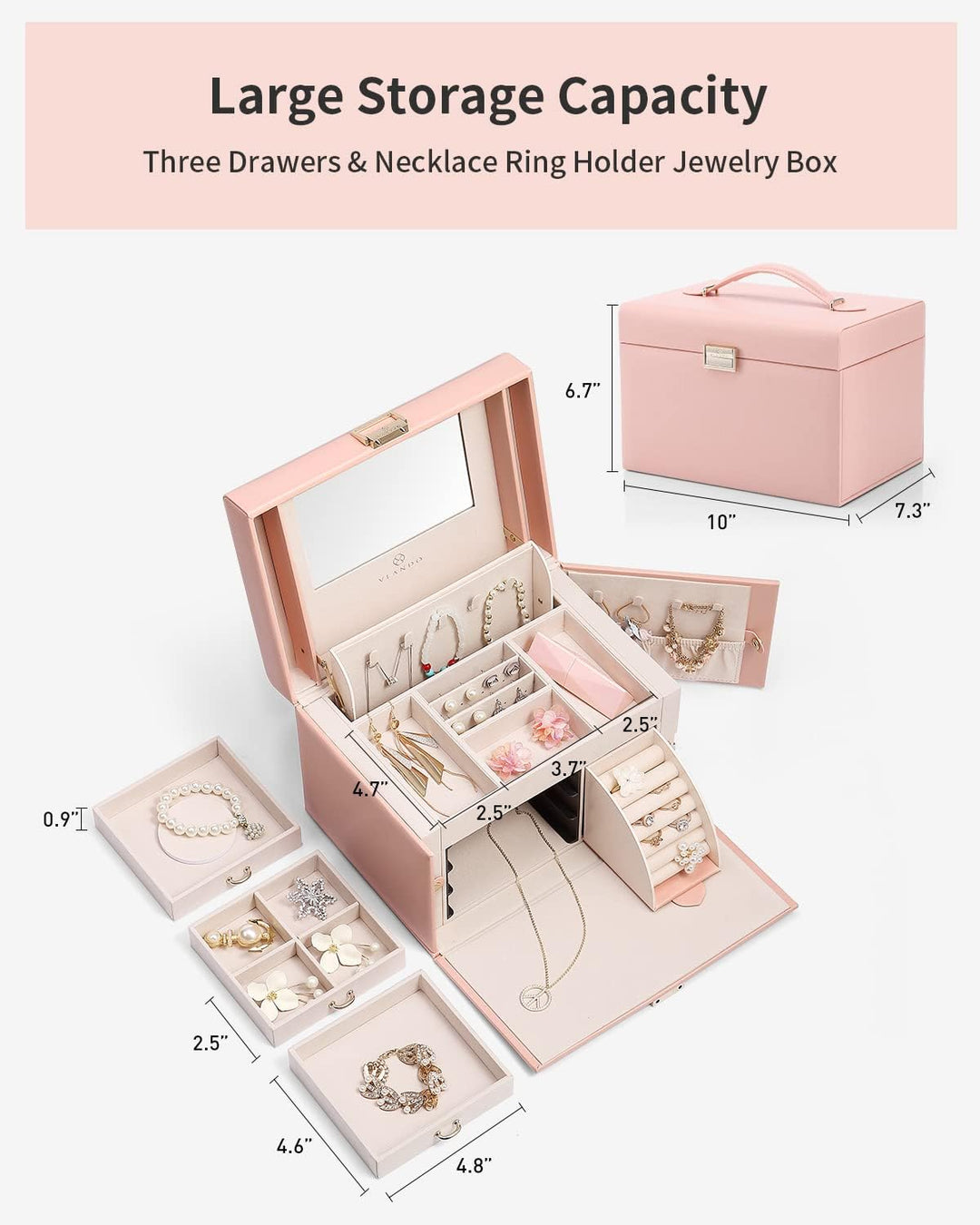 Vlando Faux Leather Jewellery Box, Hochleistungs-Schmuck-Organizer Aufbewahrungsbox mit 3 Schubladen