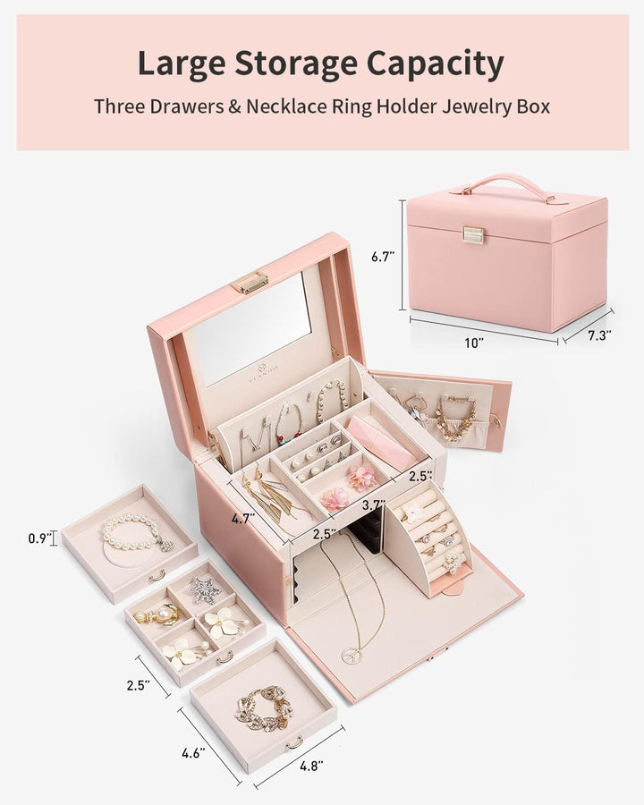 Vlando Faux Leather Jewellery Box, Hochleistungs-Schmuck-Organizer Aufbewahrungsbox mit 3 Schubladen